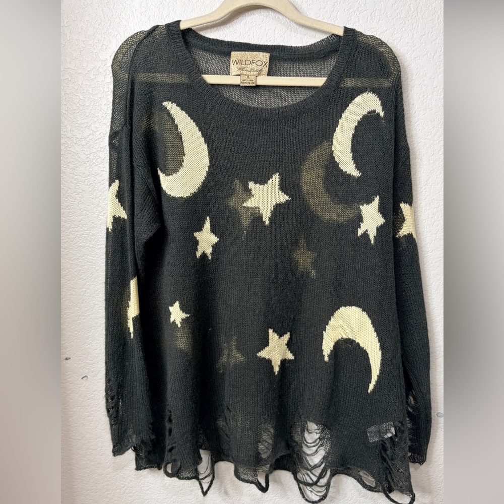 Wildfox Celestial Distressed Charcoal Knit Sweater Small EUC